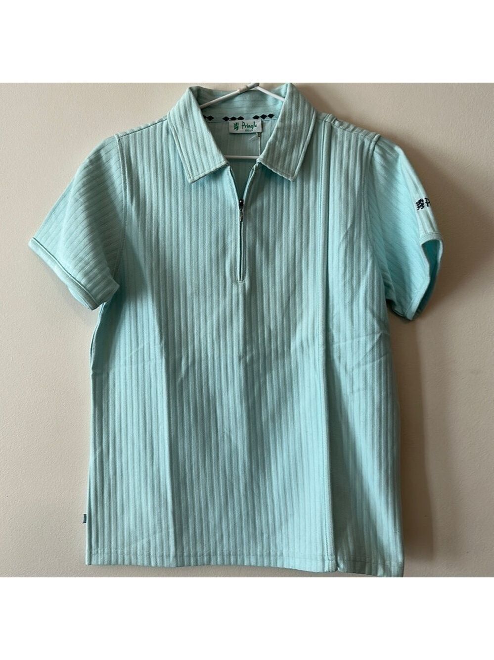 PRINGLE of Scotland Golf Polo Quarter Zip Ribbed Turquoise Seafoam Short Sleeve